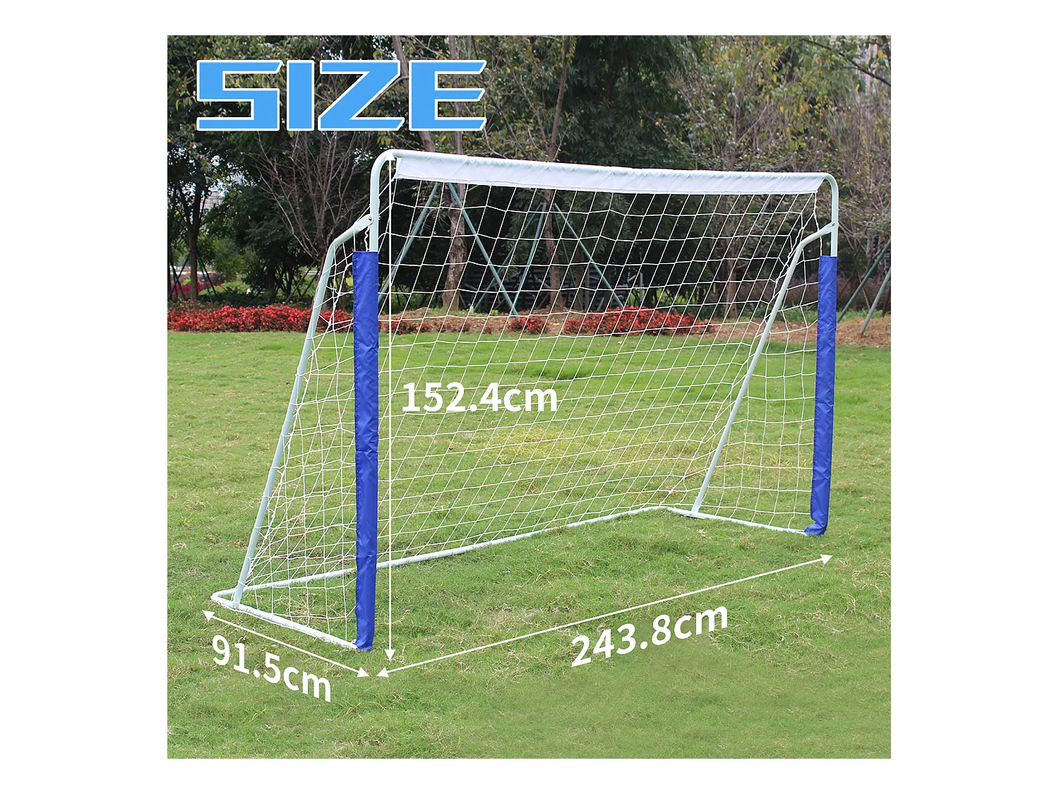 But de football portable pliable avec base en métal, filet résistant, idéal pour entraînement en extérieur/intérieur, bleu (240x150x90cm)