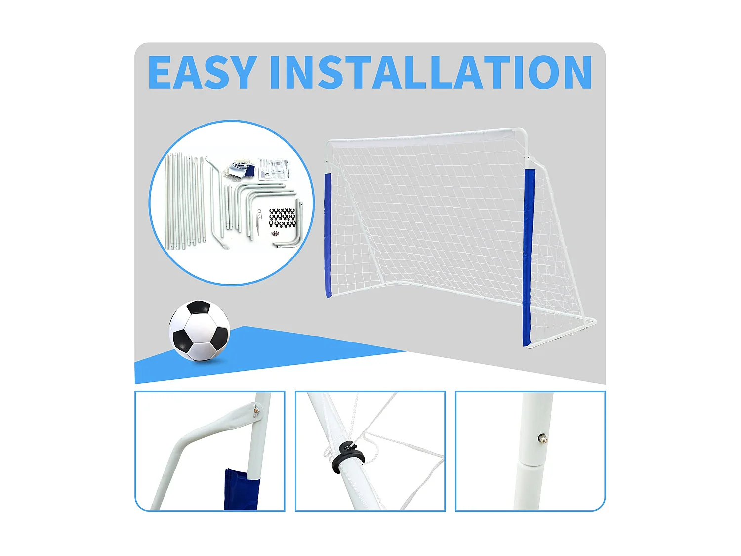 But de football portable pliable avec base en métal, filet résistant, idéal pour entraînement en extérieur/intérieur, bleu (240x150x90cm)