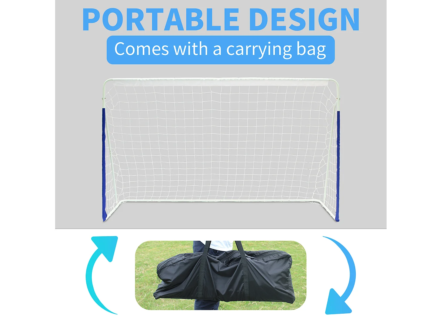 But de football portable pliable avec base en métal, filet résistant, idéal pour entraînement en extérieur/intérieur, bleu (240x150x90cm)
