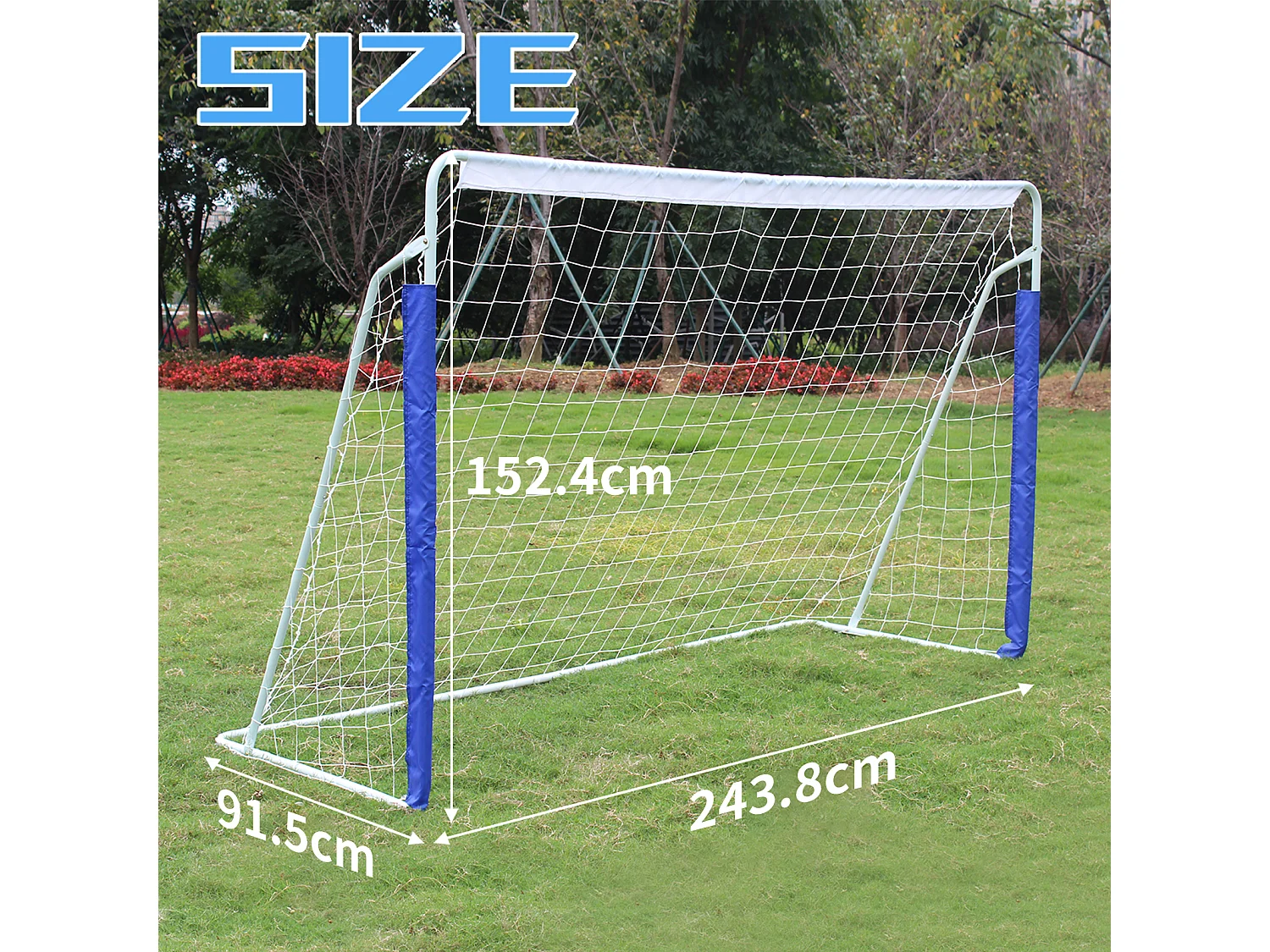 But de football portable pliable avec base en métal, filet résistant, idéal pour entraînement en extérieur/intérieur, bleu (240x150x90cm)