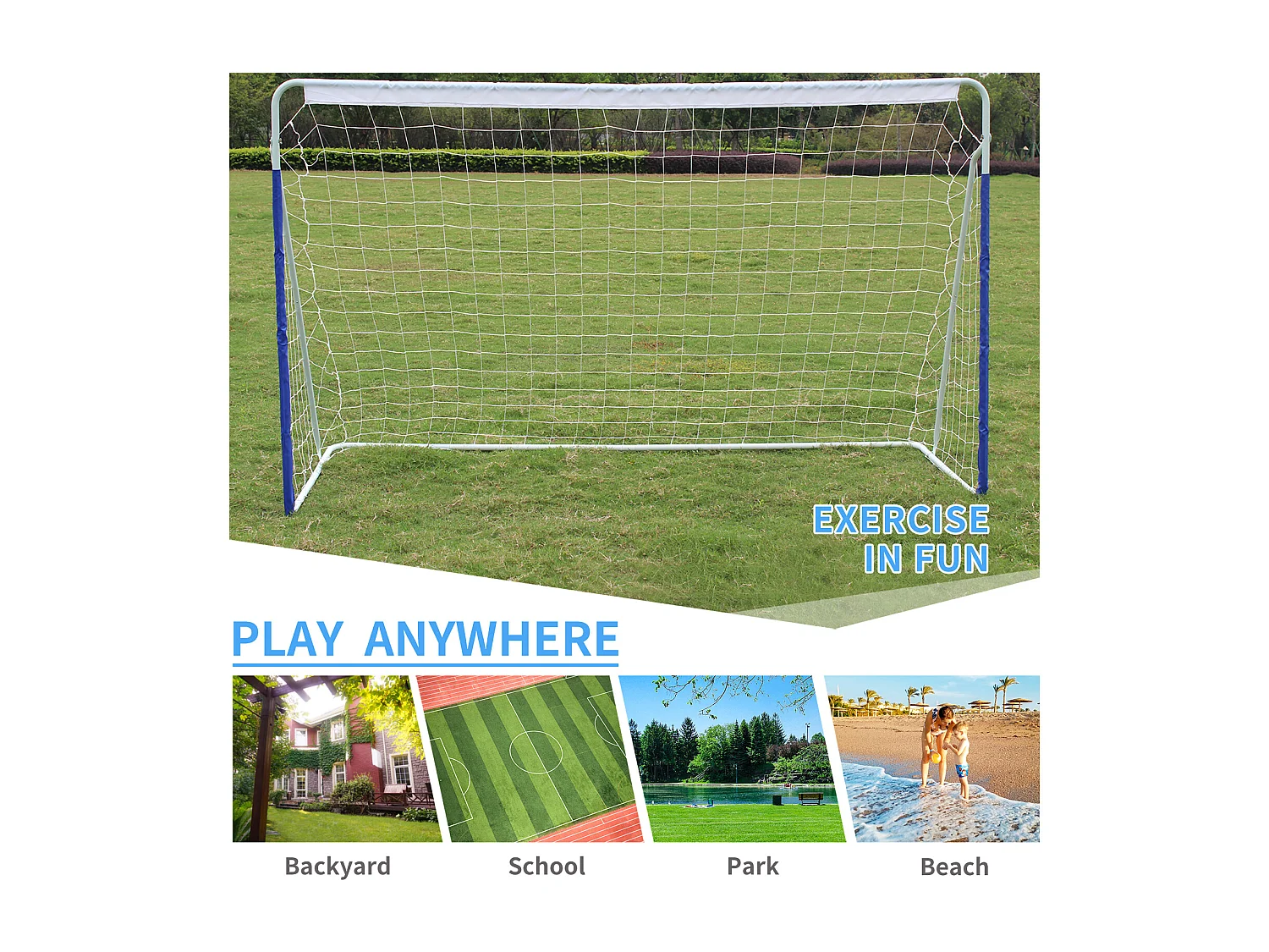 But de football portable pliable avec base en métal, filet résistant, idéal pour entraînement en extérieur/intérieur, bleu (240x150x90cm)