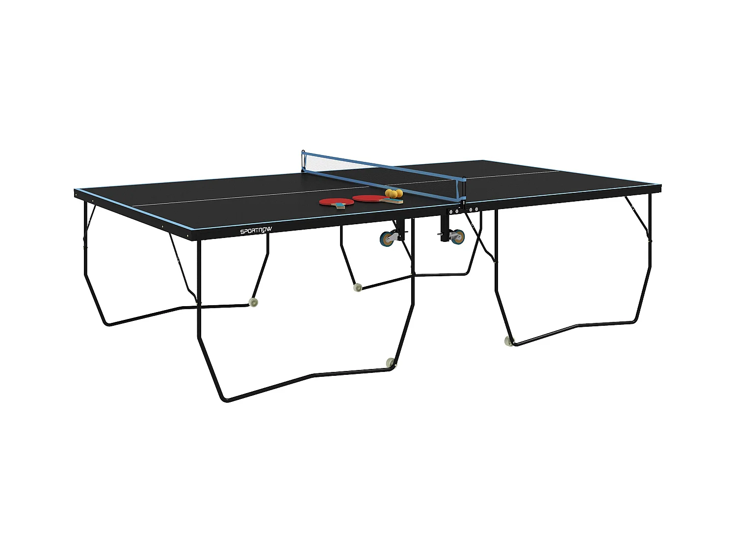 Table de ping-pong extérieure pliable avec filet, roulettes, 2 raquettes et 3 balles, acier et MDF, noir (274x152.5x76 cm)