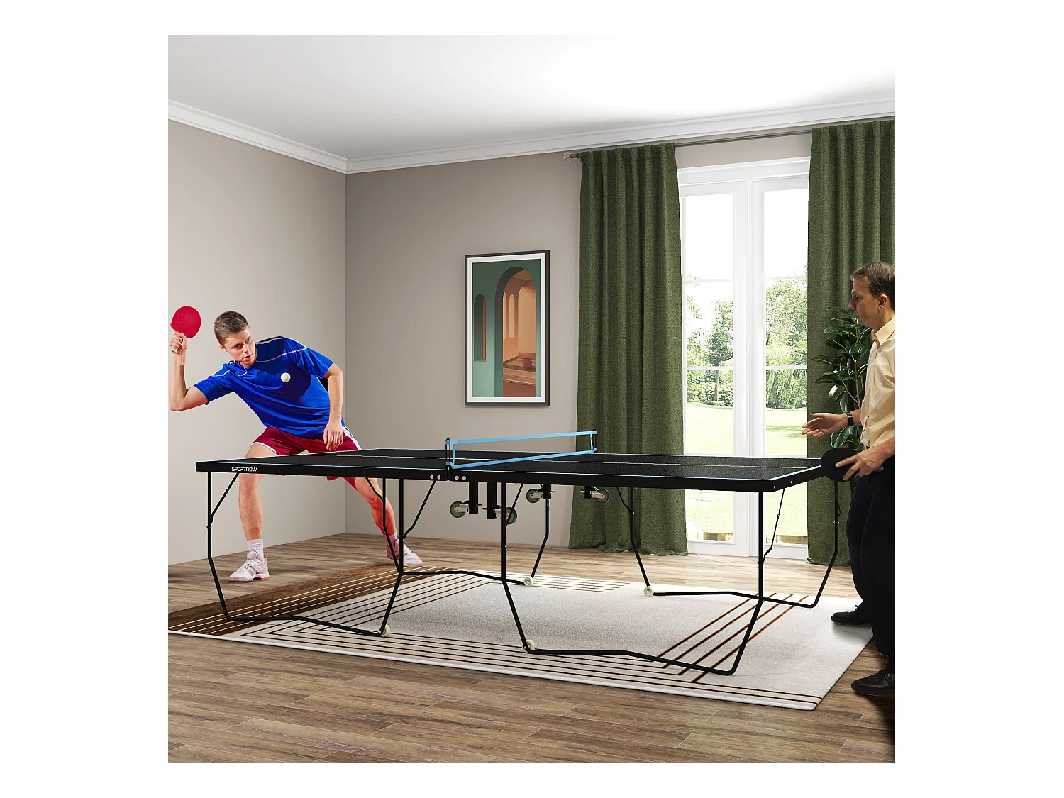 Table de ping-pong extérieure pliable avec filet, roulettes, 2 raquettes et 3 balles, acier et MDF, noir (274x152.5x76 cm)