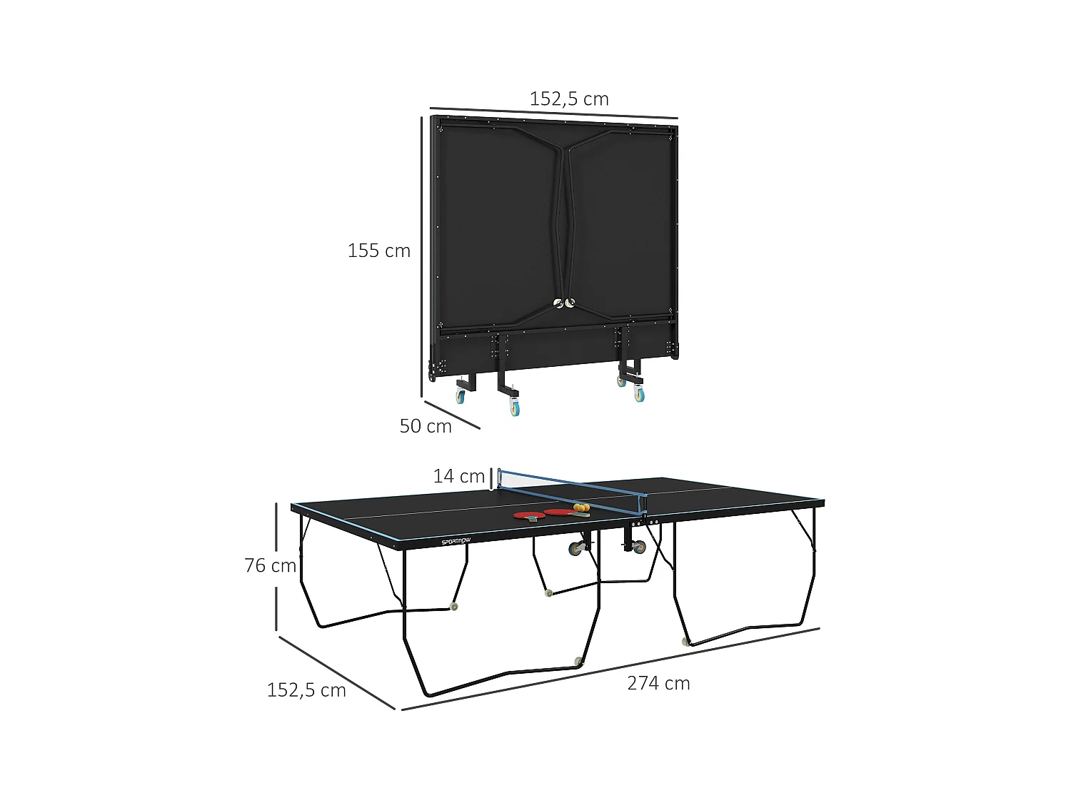 Table de ping-pong extérieure pliable avec filet, roulettes, 2 raquettes et 3 balles, acier et MDF, noir (274x152.5x76 cm)
