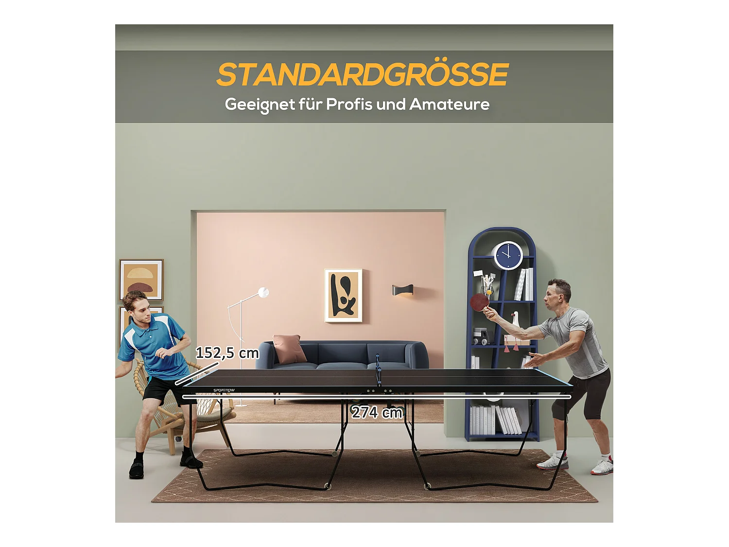 Table de ping-pong extérieure pliable avec filet, roulettes, 2 raquettes et 3 balles, acier et MDF, noir (274x152.5x76 cm)