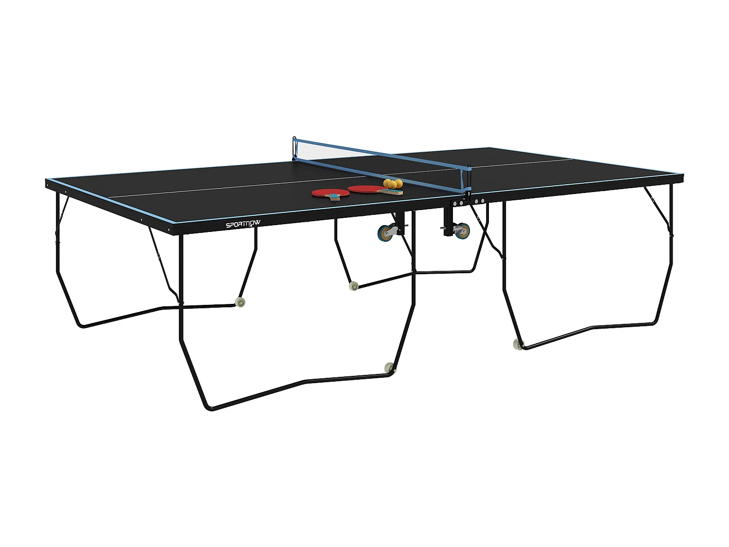 Table de ping-pong extérieure pliable avec filet, roulettes, 2 raquettes et 3 balles, acier et MDF, noir (274x152.5x76 cm)