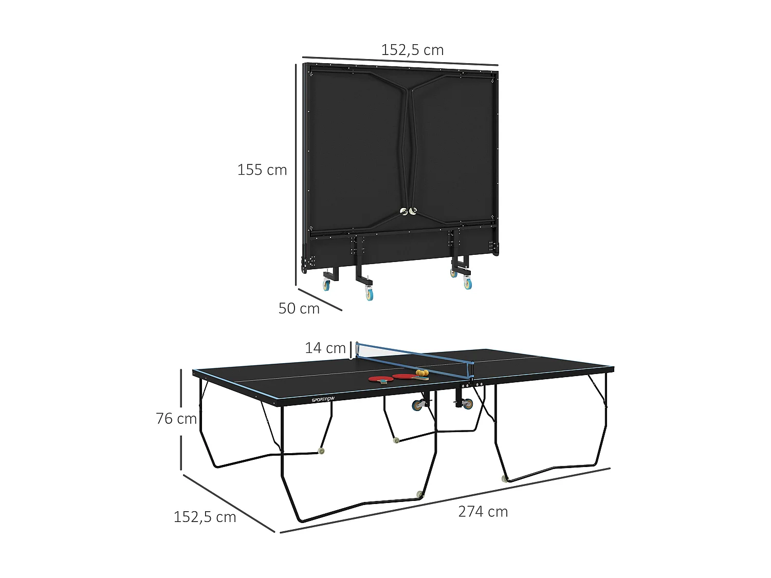 Table de ping-pong extérieure pliable avec filet, roulettes, 2 raquettes et 3 balles, acier et MDF, noir (274x152.5x76 cm)