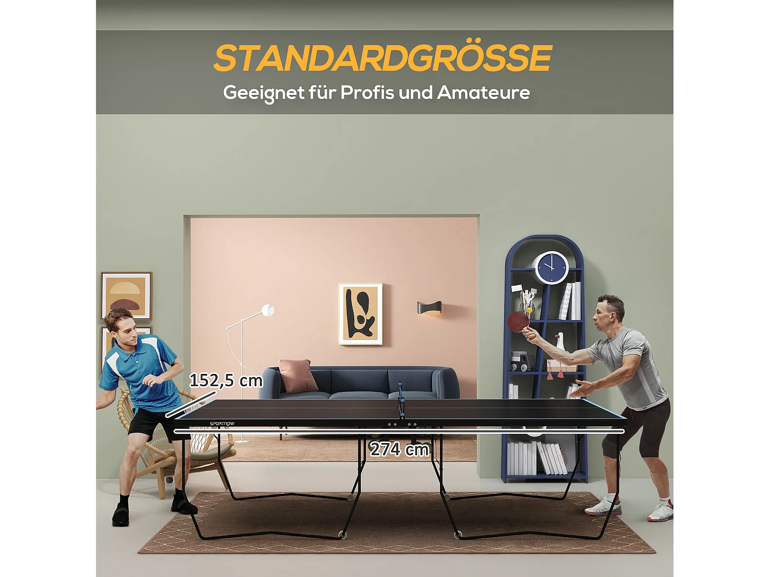 Table de ping-pong extérieure pliable avec filet, roulettes, 2 raquettes et 3 balles, acier et MDF, noir (274x152.5x76 cm)