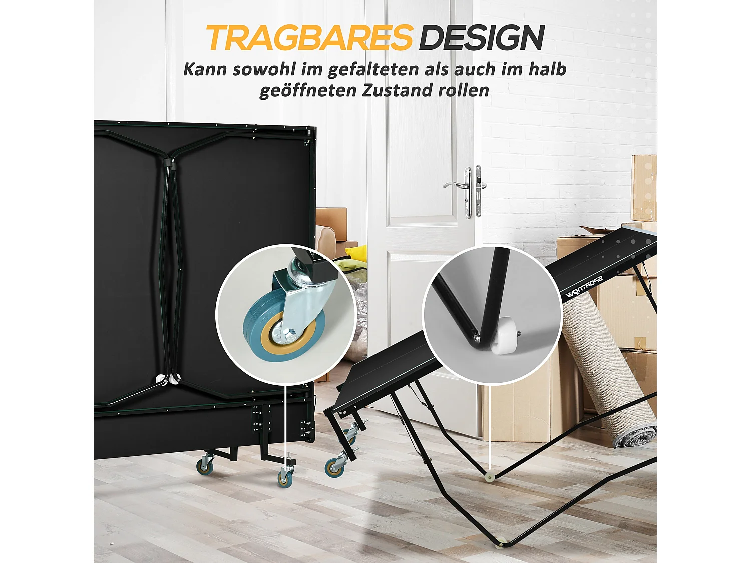 Table de ping-pong extérieure pliable avec filet, roulettes, 2 raquettes et 3 balles, acier et MDF, noir (274x152.5x76 cm)