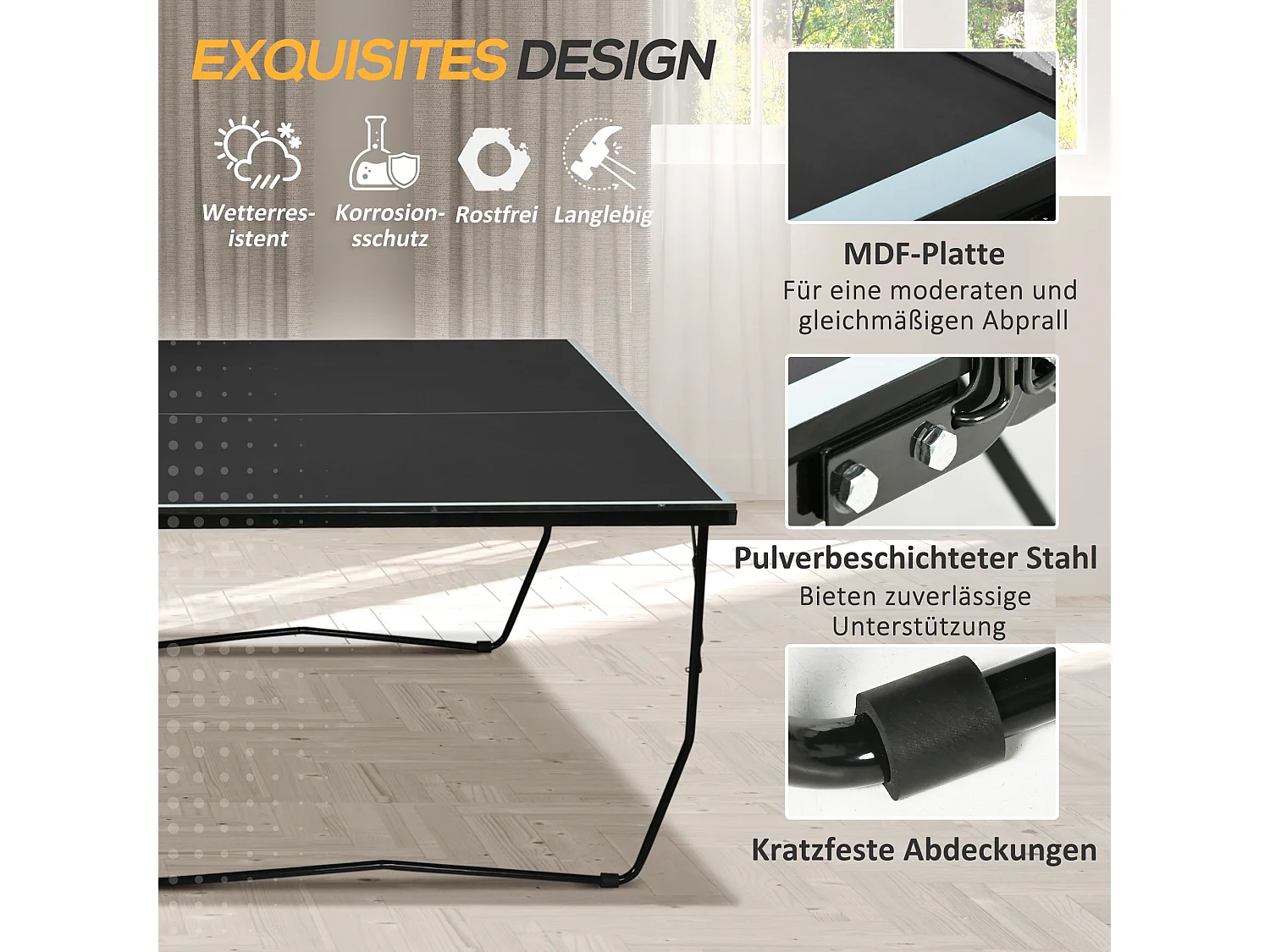 Table de ping-pong extérieure pliable avec filet, roulettes, 2 raquettes et 3 balles, acier et MDF, noir (274x152.5x76 cm)