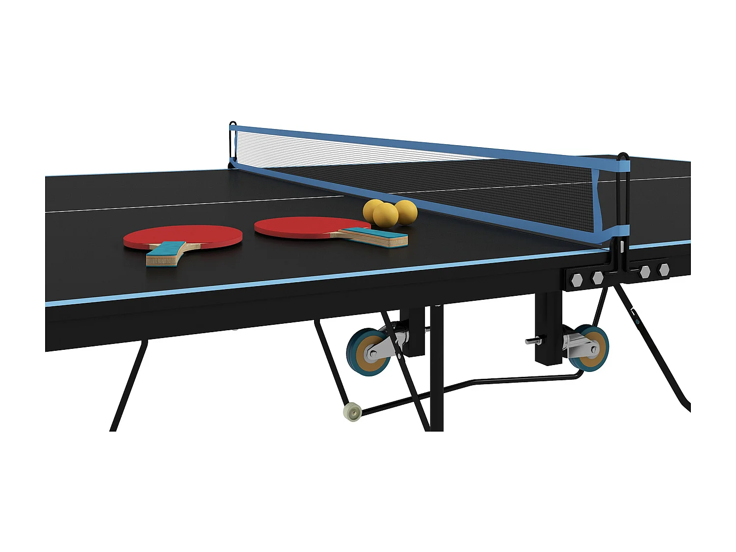 Table de ping-pong extérieure pliable avec filet, roulettes, 2 raquettes et 3 balles, acier et MDF, noir (274x152.5x76 cm)