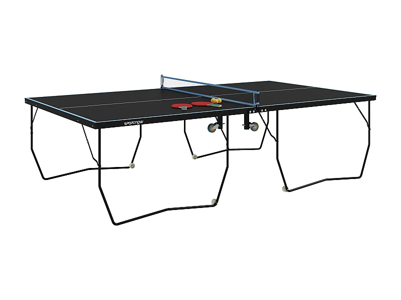 Table de ping-pong extérieure pliable avec filet, roulettes, 2 raquettes et 3 balles, acier et MDF, noir (274x152.5x76 cm)