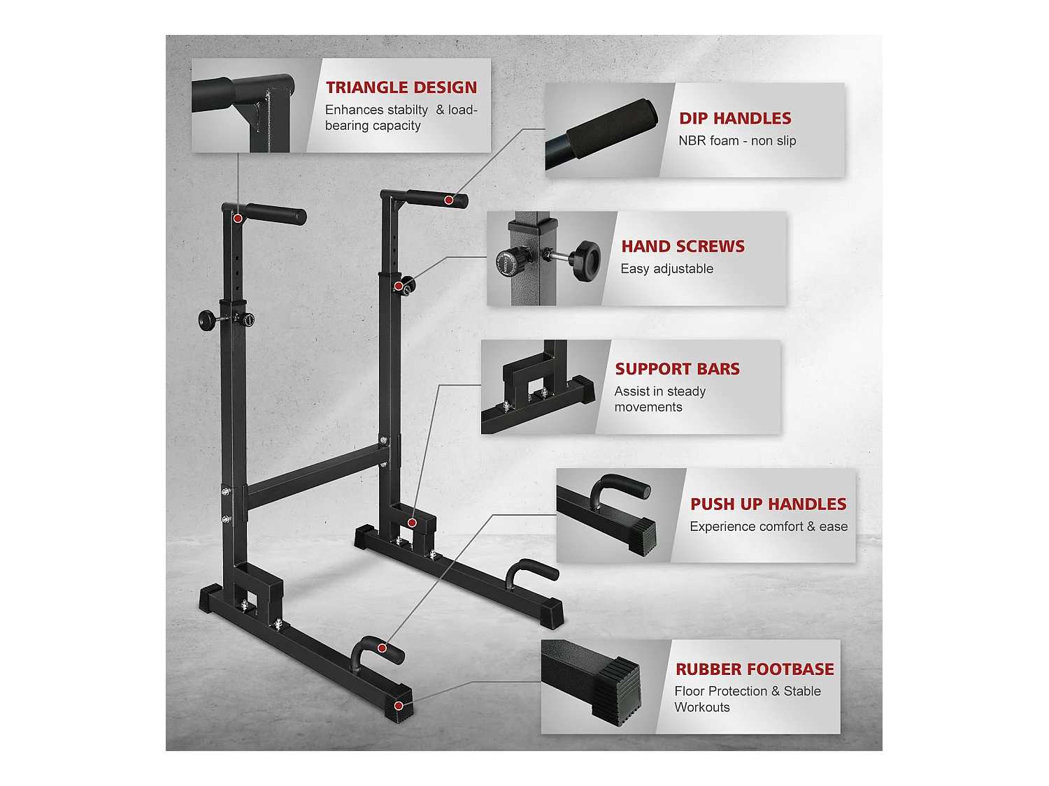 Station de dips réglable en hauteur, barres de dips antidérapantes, acier renforcé, noir (78x70x130 cm)