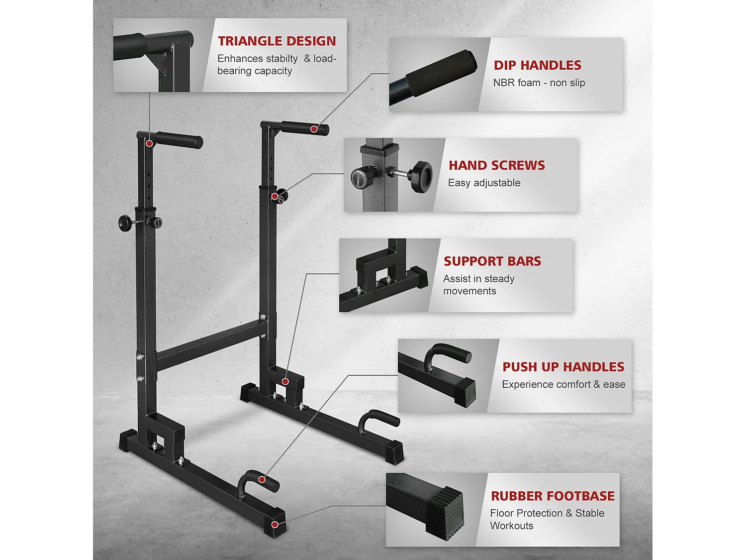 Station de dips réglable en hauteur, barres de dips antidérapantes, acier renforcé, noir (78x70x130 cm)