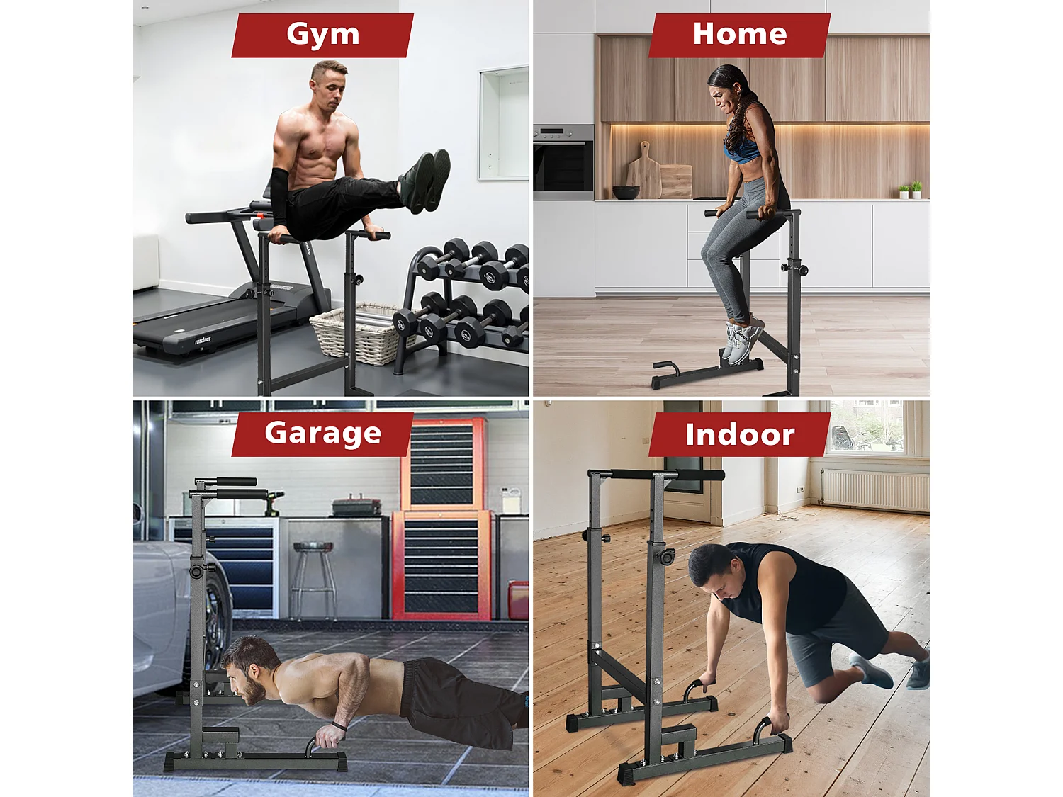 Station de dips réglable en hauteur, barres de dips antidérapantes, acier renforcé, noir (78x70x130 cm)