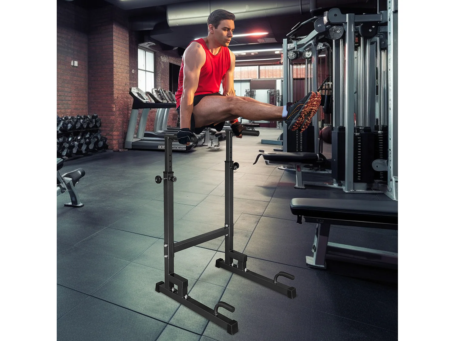 Station de dips réglable en hauteur, barres de dips antidérapantes, acier renforcé, noir (78x70x130 cm)