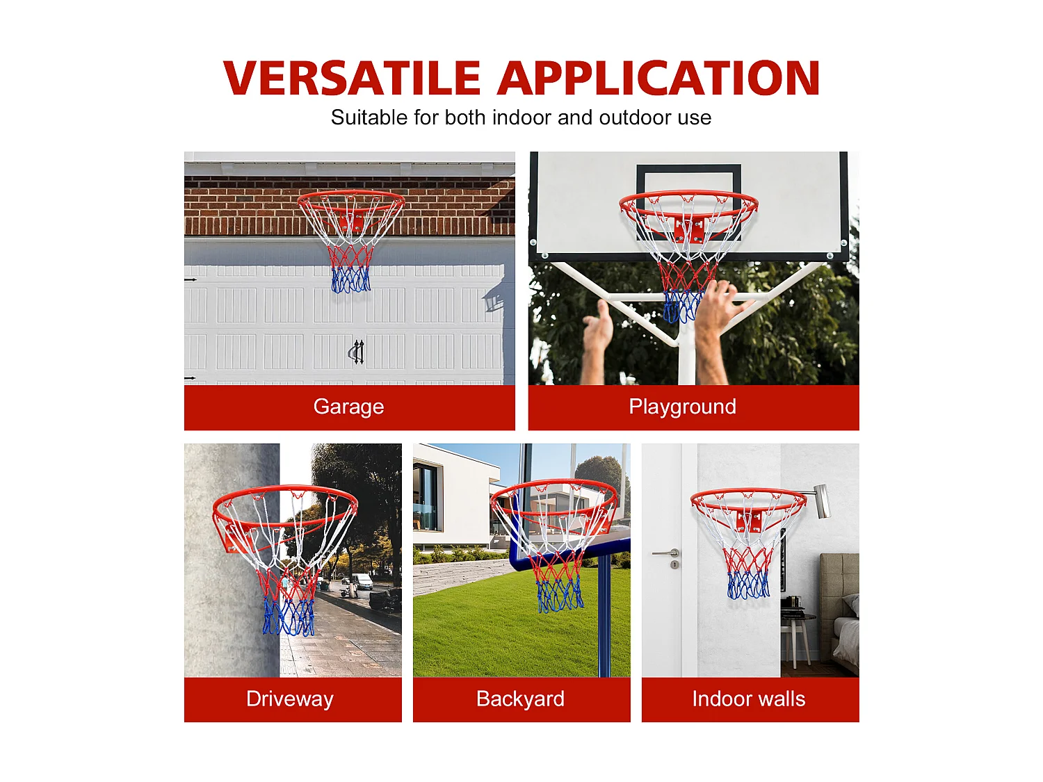 Panier de basket remplacement, montage mural ou porte, acier robuste, filet nylon, rouge (58x50x10 cm)