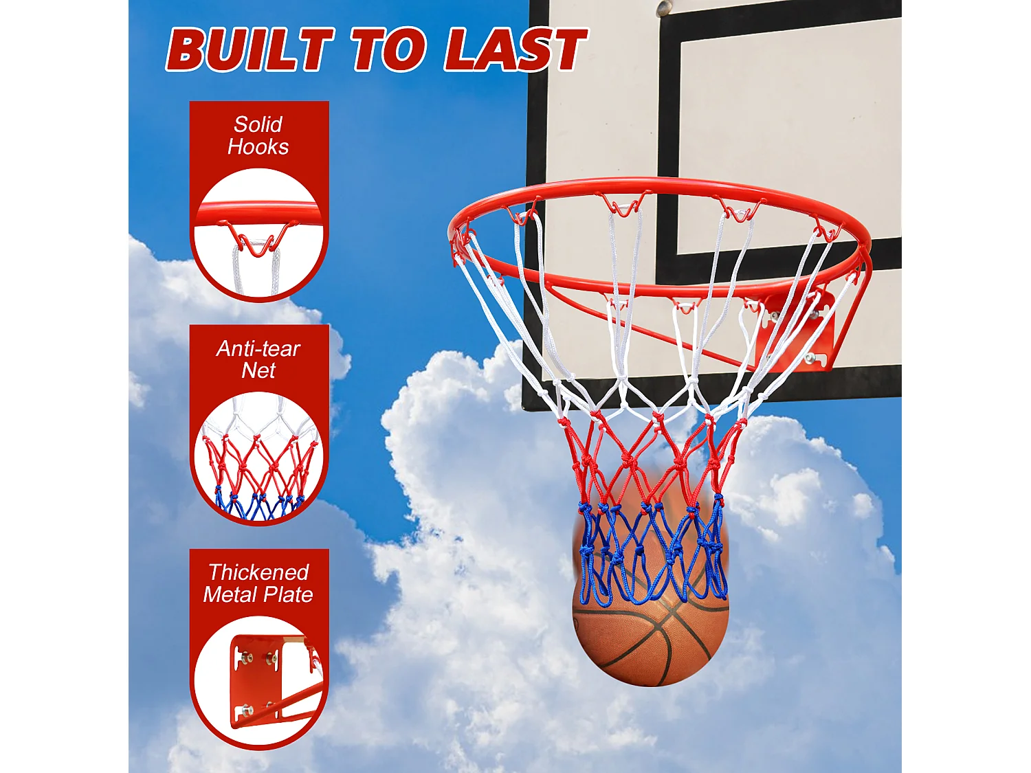 Panier de basket remplacement, montage mural ou porte, acier robuste, filet nylon, rouge (58x50x10 cm)