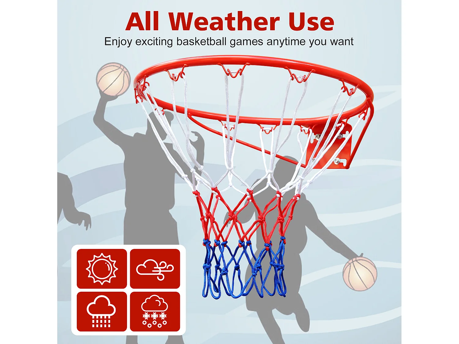 Panier de basket remplacement, montage mural ou porte, acier robuste, filet nylon, rouge (58x50x10 cm)