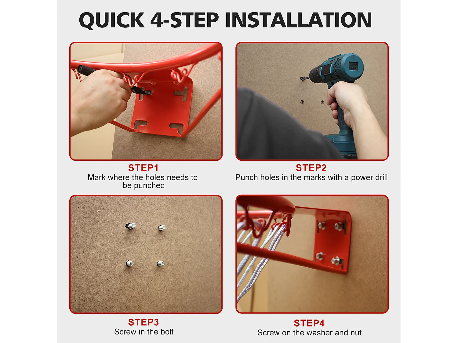 Panier de basket remplacement, montage mural ou porte, acier robuste, filet nylon, rouge (58x50x10 cm)