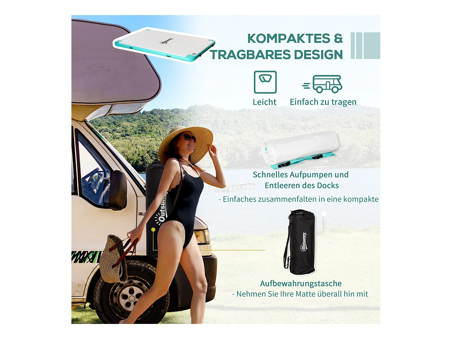 Îlot flottant gonflable, résistance jusqu'à 500 kg, surface antidérapante, plastique, blanc (304x204x15 cm)