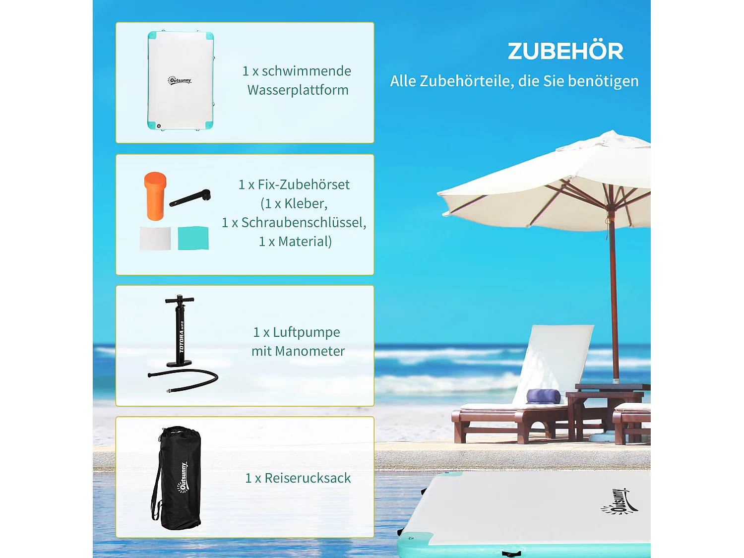 Îlot flottant gonflable, résistance jusqu'à 500 kg, surface antidérapante, plastique, blanc (304x204x15 cm)