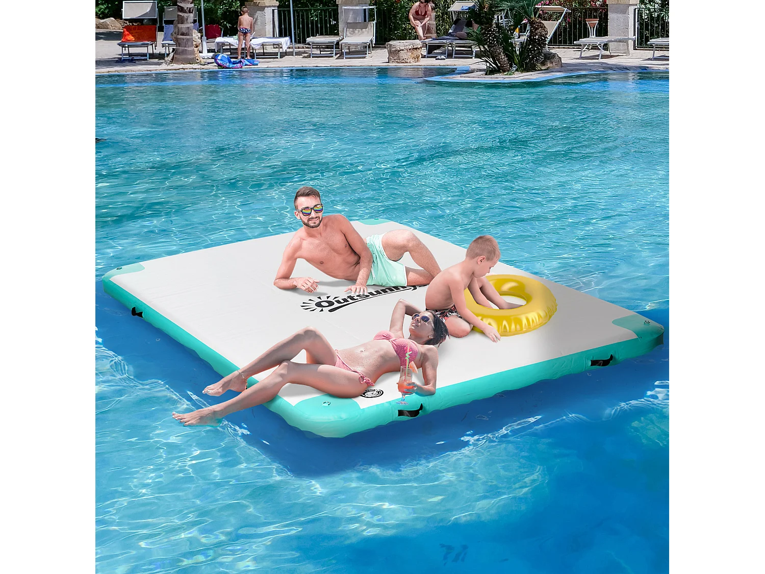 Îlot flottant gonflable, résistance jusqu'à 500 kg, surface antidérapante, plastique, blanc (304x204x15 cm)