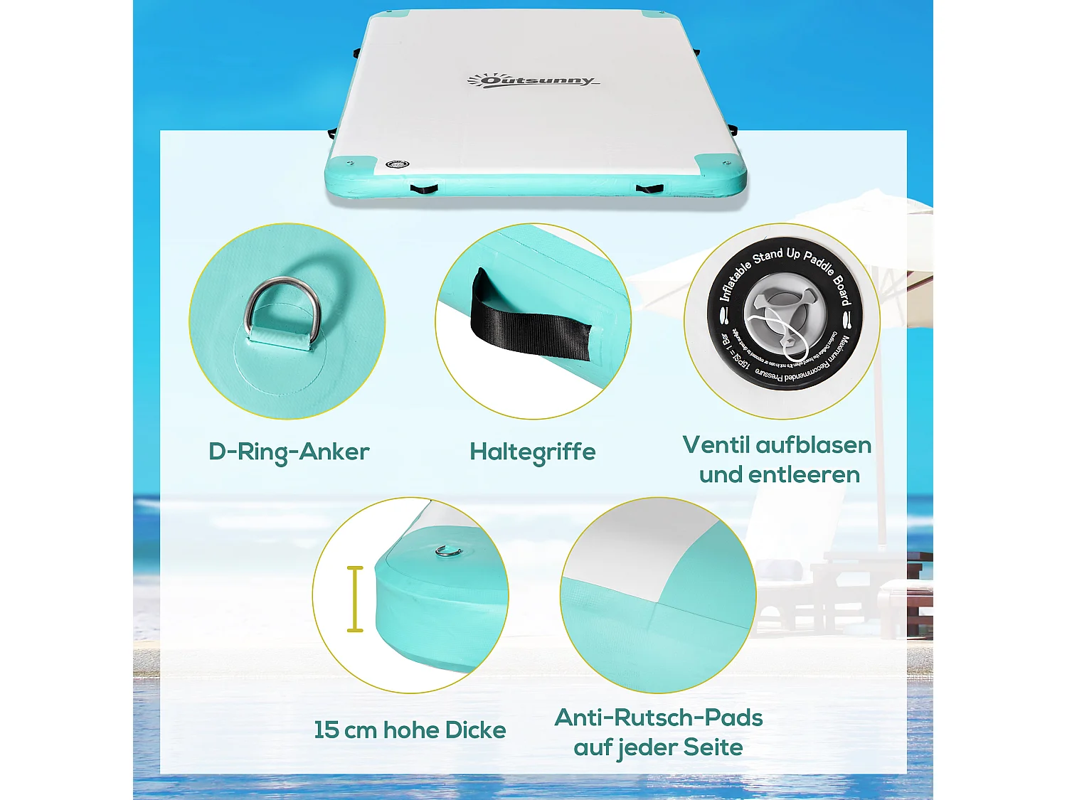 Îlot flottant gonflable, résistance jusqu'à 500 kg, surface antidérapante, plastique, blanc (304x204x15 cm)