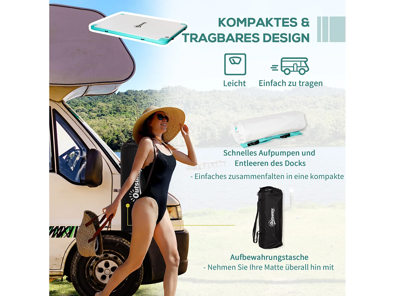 Îlot flottant gonflable, résistance jusqu'à 500 kg, surface antidérapante, plastique, blanc (304x204x15 cm)