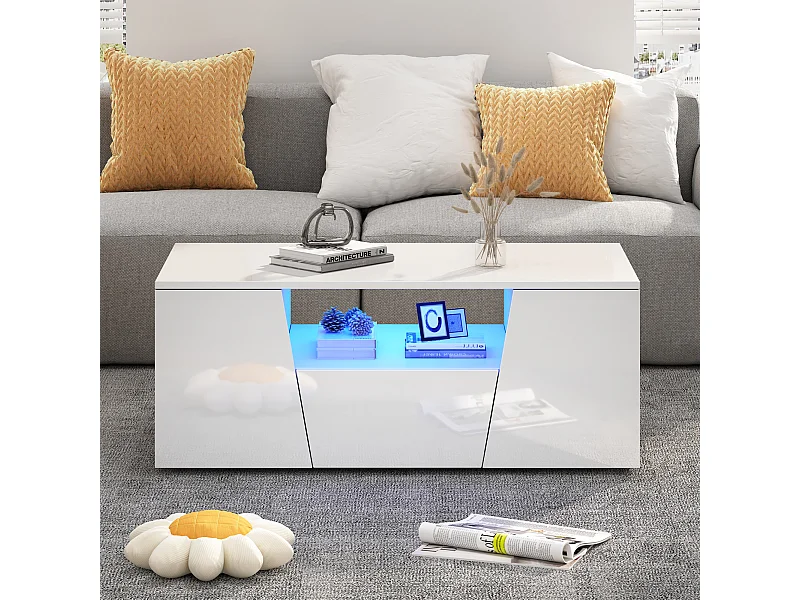 Tavolino da caffè dal design irregolare con LED, 2 ante e 1 cassetto, pannello di particelle, bianco (100x50x40cm)