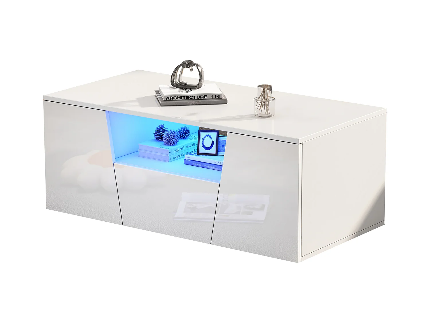 Tavolino da caffè dal design irregolare con LED, 2 ante e 1 cassetto, pannello di particelle, bianco (100x50x40cm)