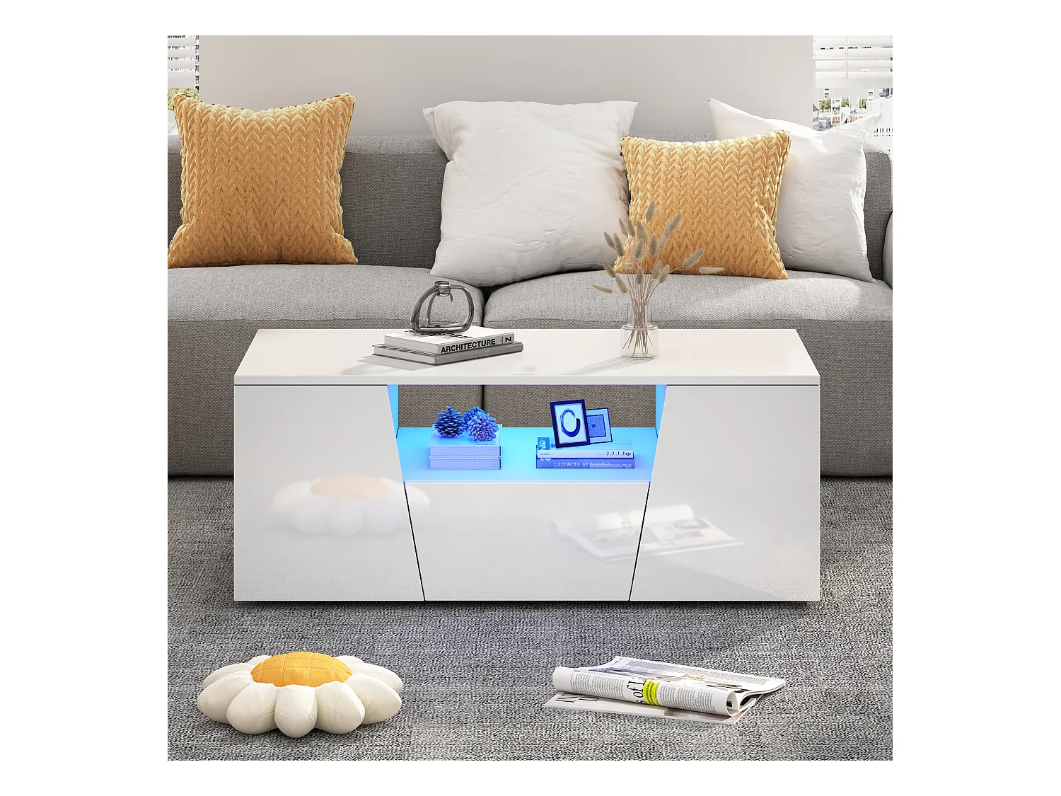 Table basse design irrégulier avec LED, 2 armoires et 1 tiroir, panneau de particules, blanc (100x50x40cm)
