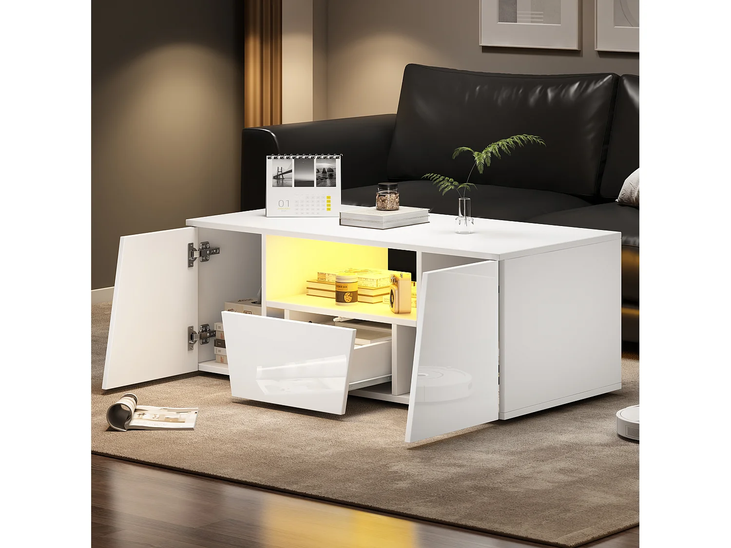 Table basse design irrégulier avec LED, 2 armoires et 1 tiroir, panneau de particules, blanc (100x50x40cm)