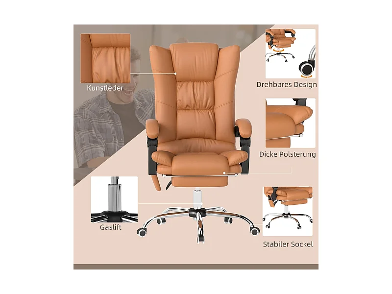 Fauteuil de bureau massant avec chauffage, fonction inclinable, réglable en hauteur, similicuir, marron (64x70x118 cm)