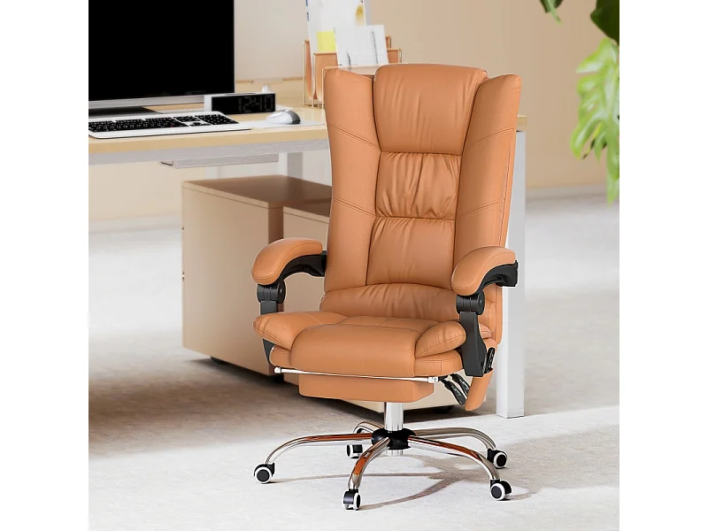 Fauteuil de bureau massant avec chauffage, fonction inclinable, réglable en hauteur, similicuir, marron (64x70x118 cm)