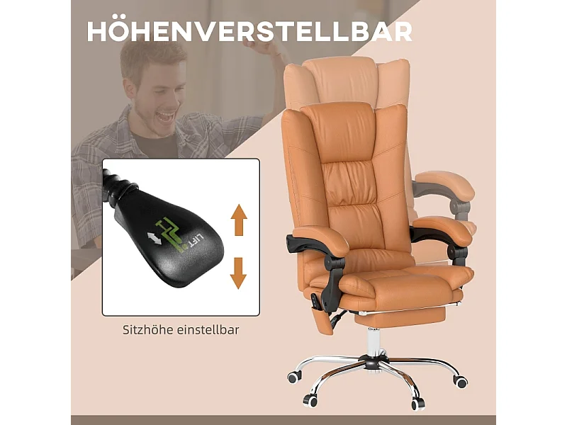 Fauteuil de bureau massant avec chauffage, fonction inclinable, réglable en hauteur, similicuir, marron (64x70x118 cm)