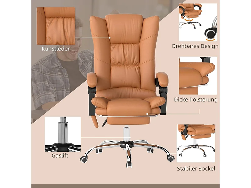 Fauteuil de bureau massant avec chauffage, fonction inclinable, réglable en hauteur, similicuir, marron (64x70x118 cm)