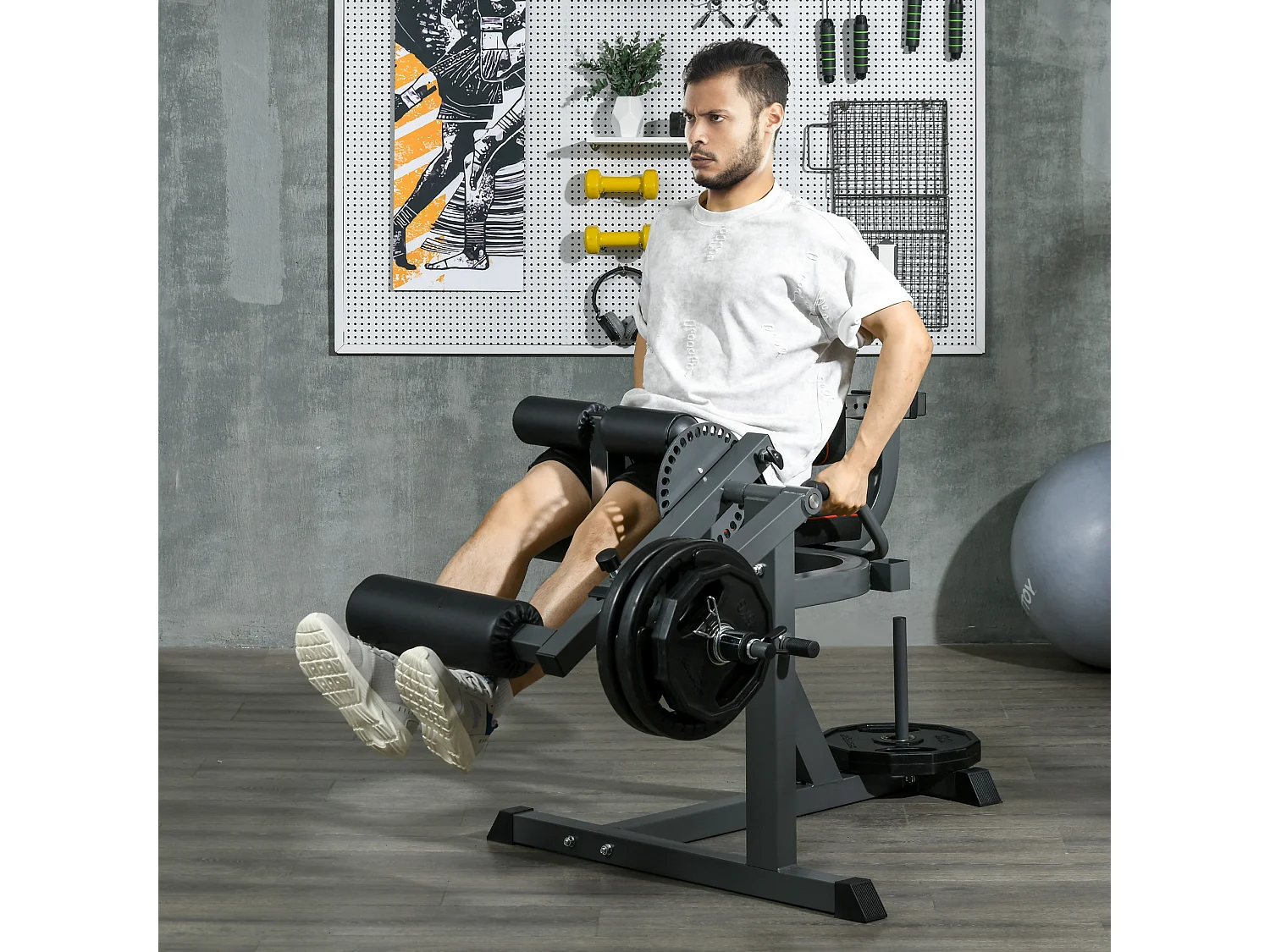 Appareil de musculation pour jambes ajustable avec charge de poids, acier, gris (100x90x105 cm)