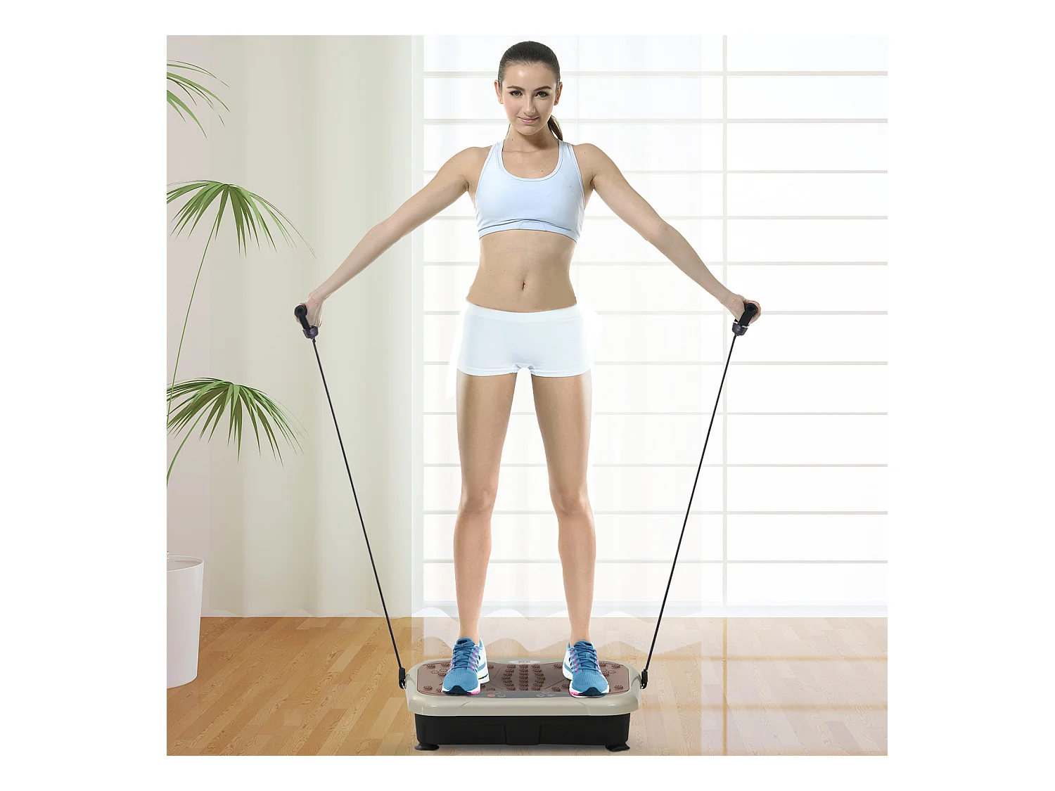 Plateforme vibrante avec 99 niveaux, haut-parleur USB, écran LED et bandes de résistance, ABS, beige (54x33x14cm)