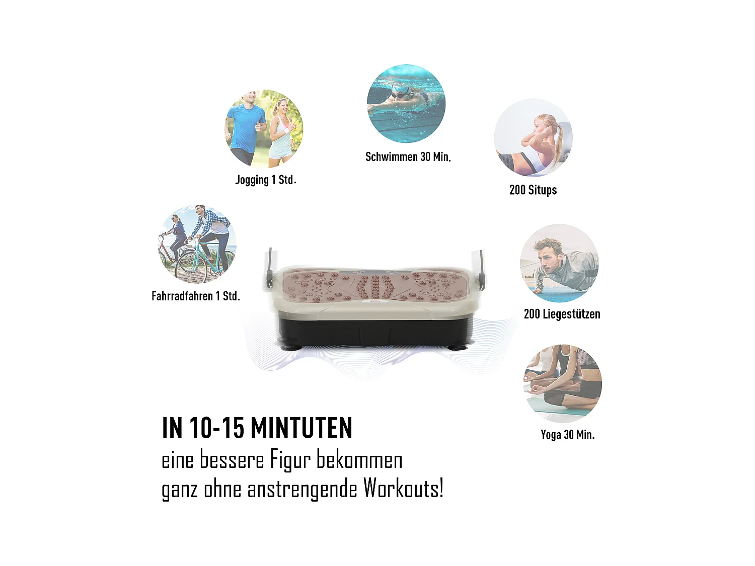 Plateforme vibrante avec 99 niveaux, haut-parleur USB, écran LED et bandes de résistance, ABS, beige (54x33x14cm)