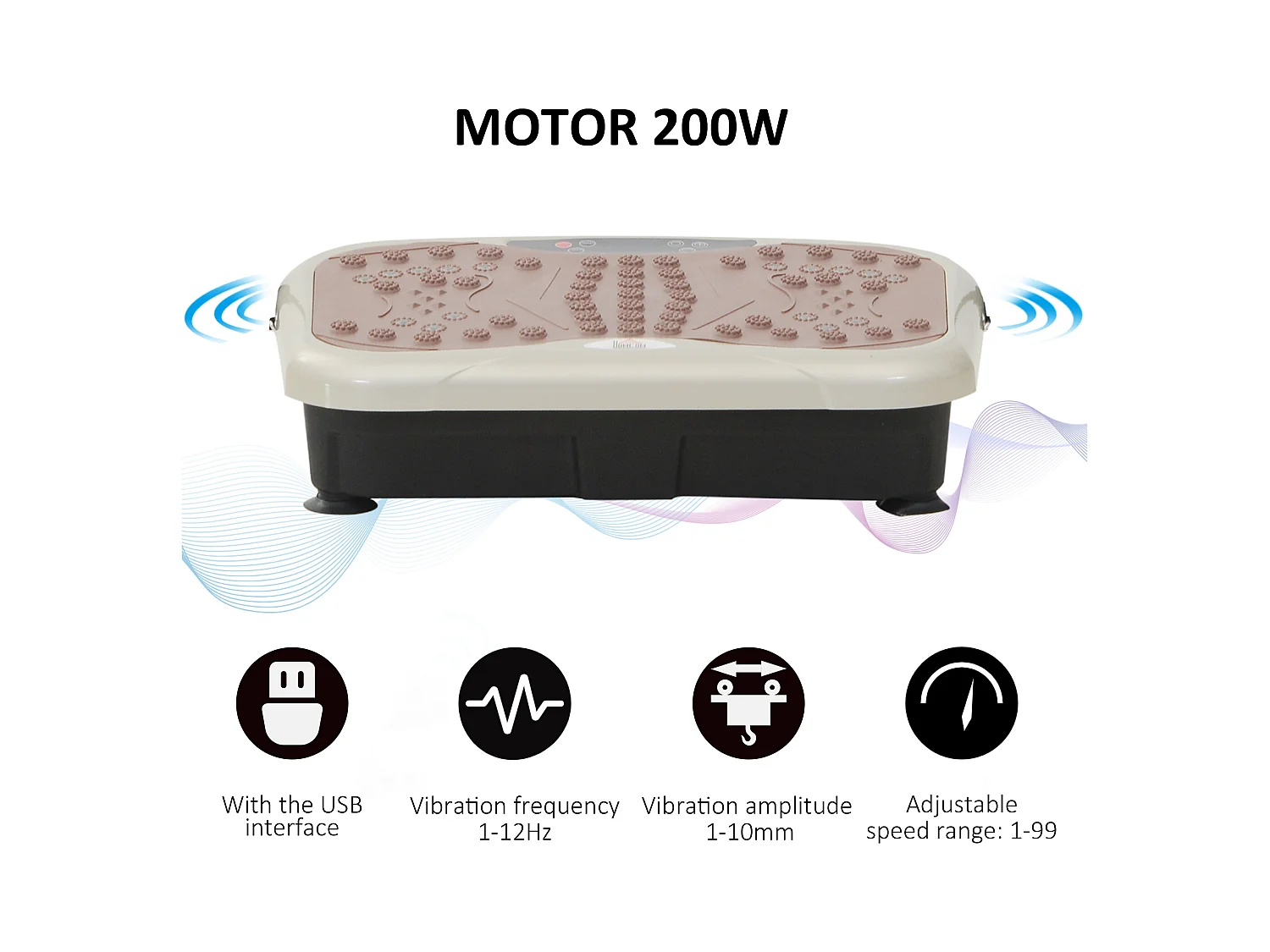 Plateforme vibrante avec 99 niveaux, haut-parleur USB, écran LED et bandes de résistance, ABS, beige (54x33x14cm)