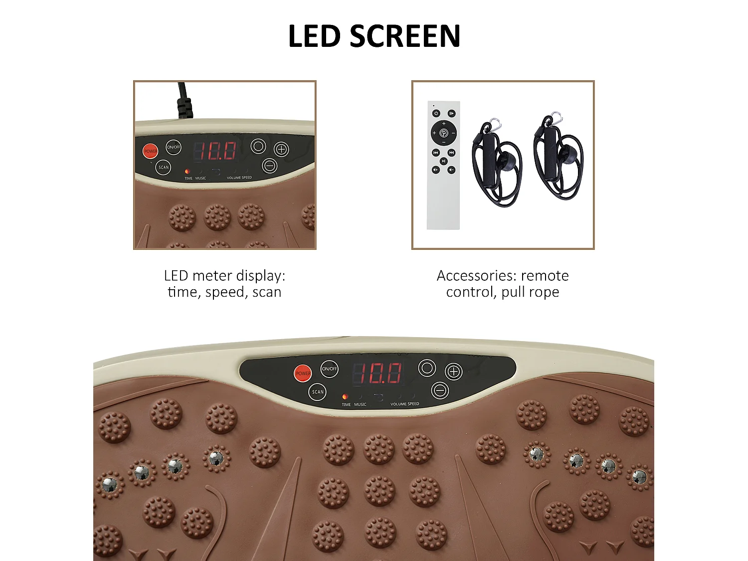 Plateforme vibrante avec 99 niveaux, haut-parleur USB, écran LED et bandes de résistance, ABS, beige (54x33x14cm)