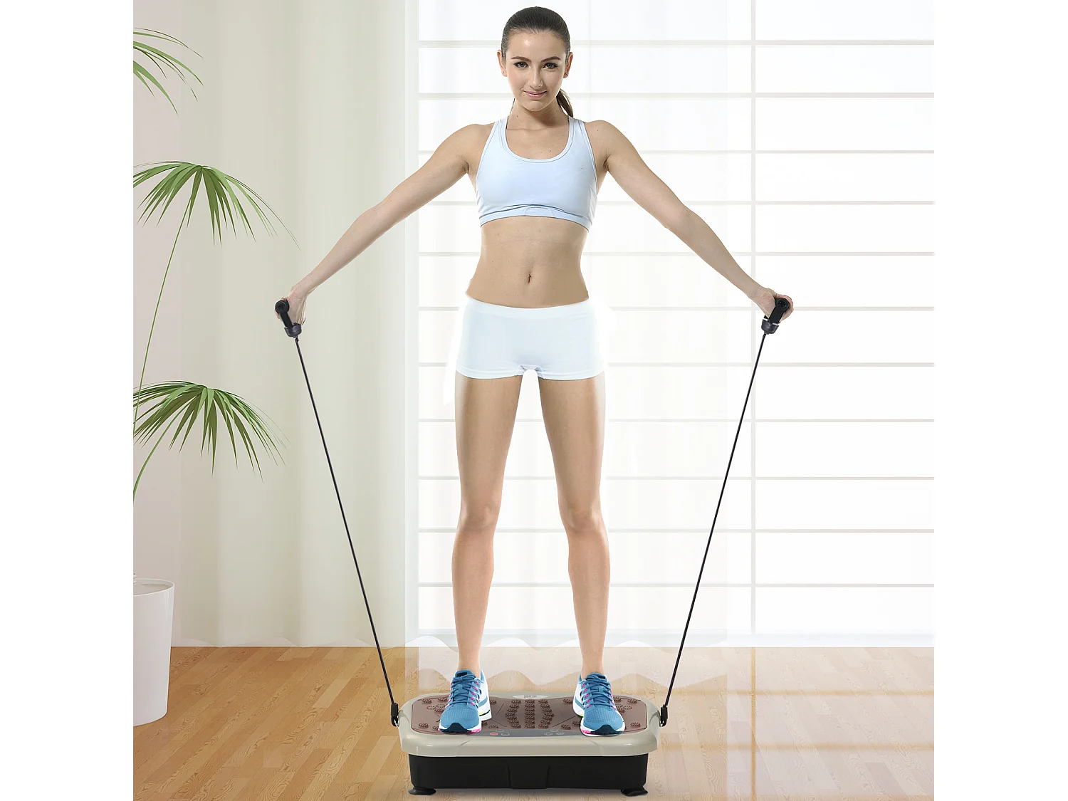 Plateforme vibrante avec 99 niveaux, haut-parleur USB, écran LED et bandes de résistance, ABS, beige (54x33x14cm)