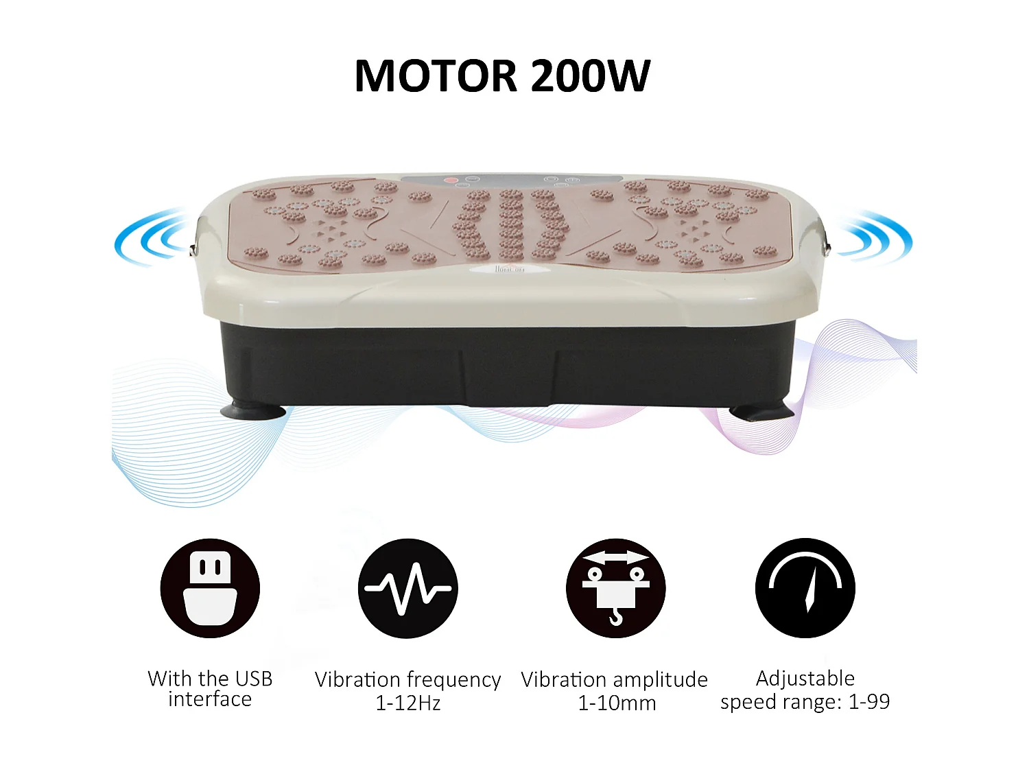 Plateforme vibrante avec 99 niveaux, haut-parleur USB, écran LED et bandes de résistance, ABS, beige (54x33x14cm)