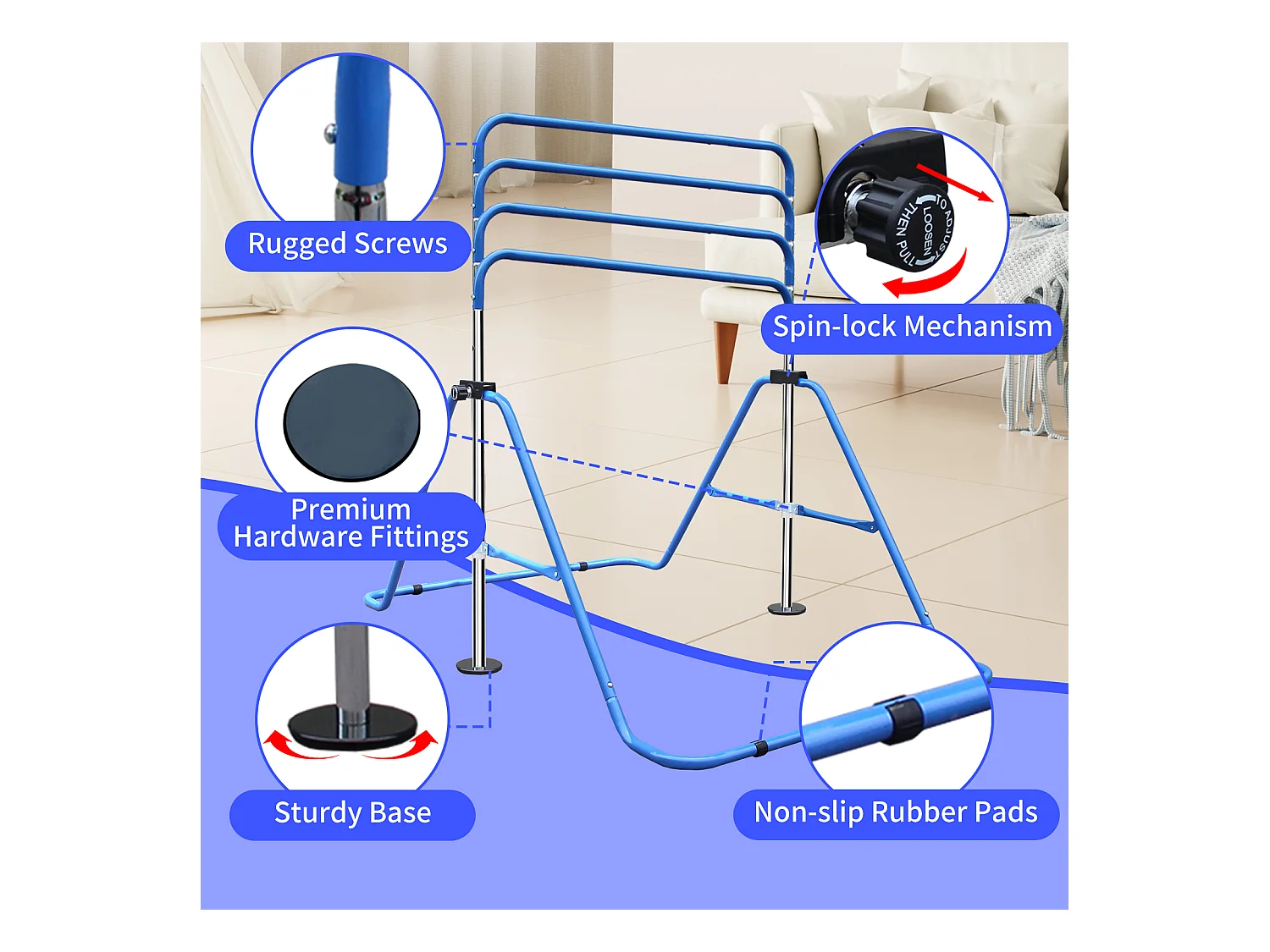 Barre de gymnastique extensible pour enfants, réglable en hauteur, pliable, acier, bleu (145x100x130 cm)