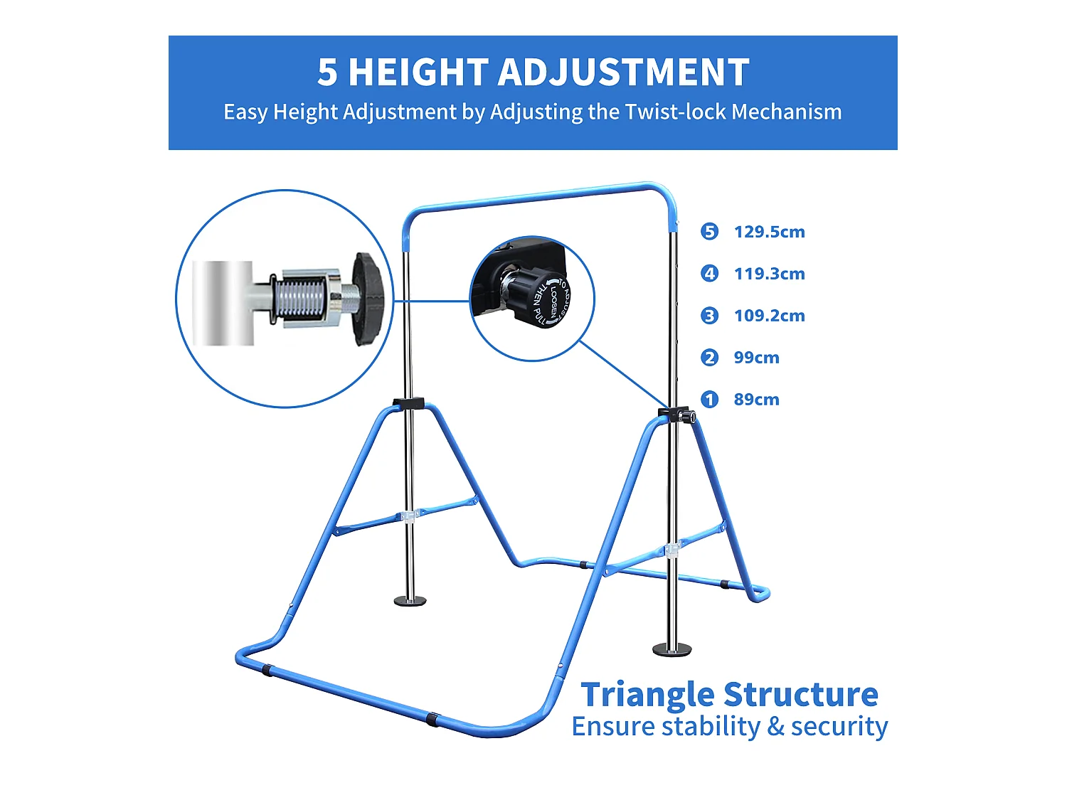 Barre de gymnastique extensible pour enfants, réglable en hauteur, pliable, acier, bleu (145x100x130 cm)