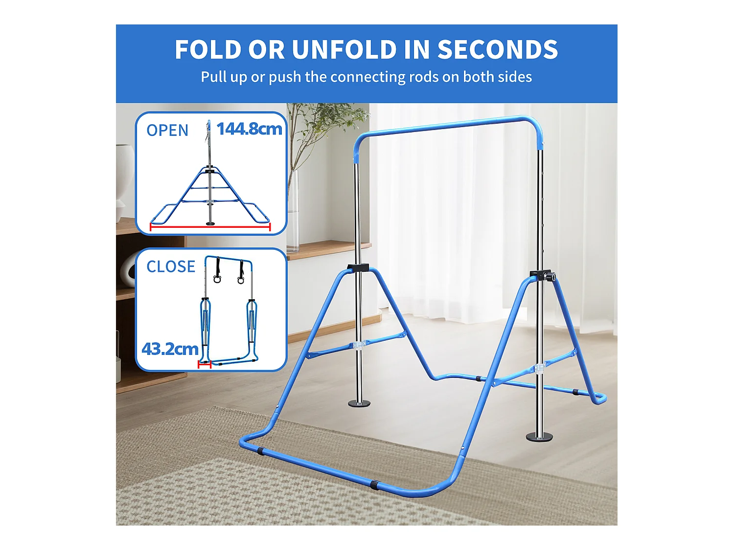 Barre de gymnastique extensible pour enfants, réglable en hauteur, pliable, acier, bleu (145x100x130 cm)