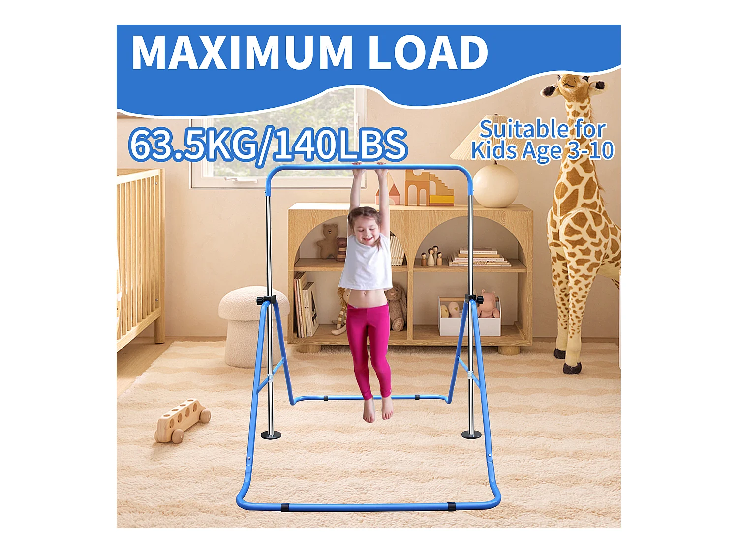 Barre de gymnastique extensible pour enfants, réglable en hauteur, pliable, acier, bleu (145x100x130 cm)