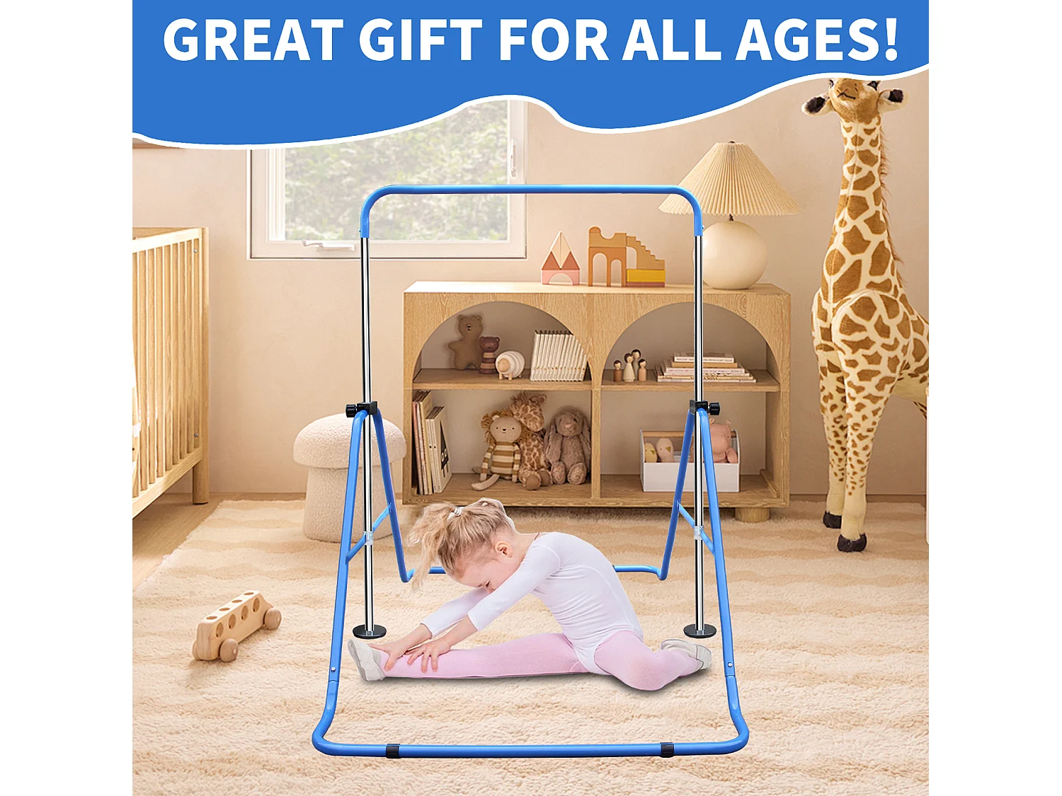 Barre de gymnastique extensible pour enfants, réglable en hauteur, pliable, acier, bleu (145x100x130 cm)
