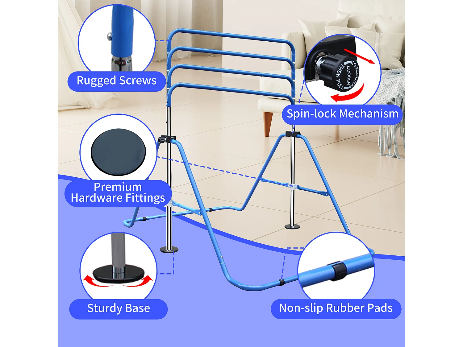 Barre de gymnastique extensible pour enfants, réglable en hauteur, pliable, acier, bleu (145x100x130 cm)
